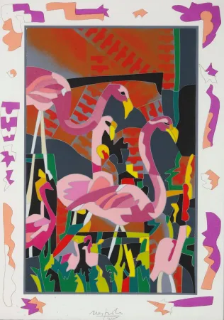 Stich Nespolo - Ugo Nespolo (1941) - Fenicotteri rosa - screen printing on paper