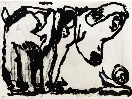 Aquatinta Pincemin - Le chien et l’escargot. Épreuve rehaussée à la gouache (1990)