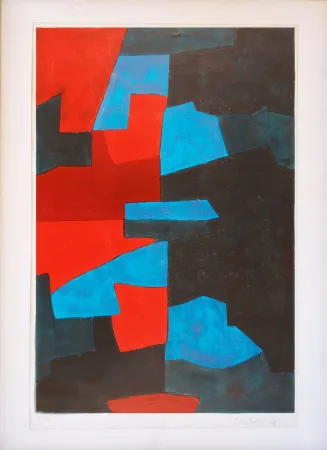 Lithographie Poliakoff - Composition rouge, bleue et noire L72 