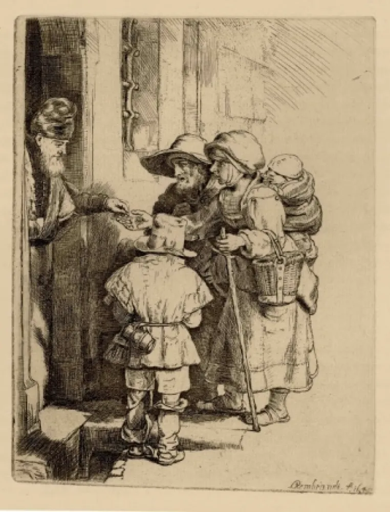 Stich Rembrandt - Beggars Receiving Alms at the Door of a House