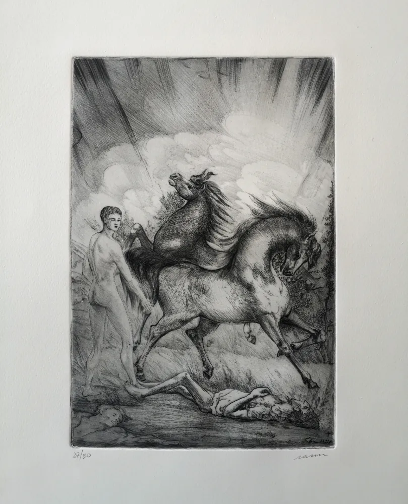 Radierung Sassu - Le cavalle ucraine sconvolgono la terra senza pietà.