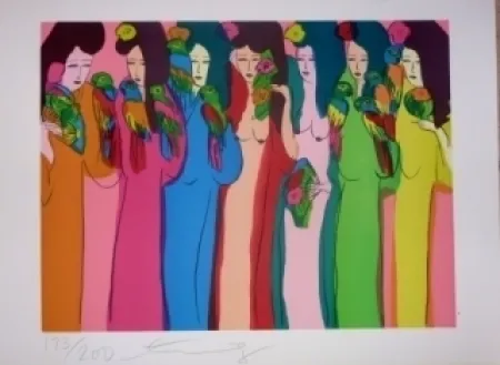 Lithographie Ting - Geishas et perroquets