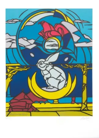 Lithographie Adami - Le lapin, l'aigle et la lune