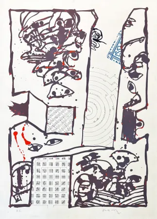 Lithographie Alechinsky - Pierre Alechinsky (1927) – Chutes et panaches, avec extraits de partitions labyrinthiques de Jean-Yves Bosseur – Lithograph on paper – 2001