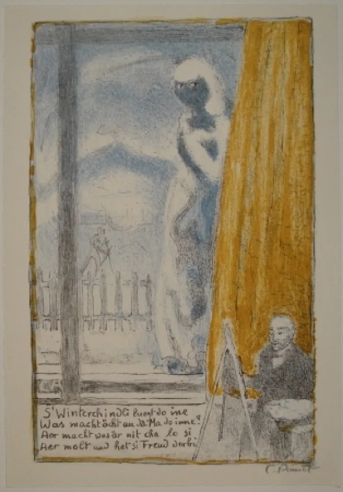 Lithographie Amiet - Selbstbildnis vor der Staffelei (Winterbild)