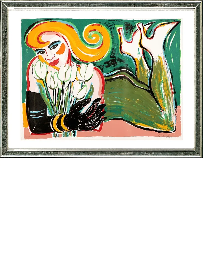 Siebdruck Bach - Liegende mit Tulpen, 2006