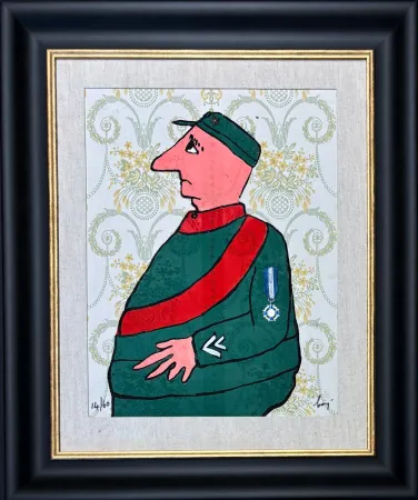 Stich Baj - Enrico Baj (1924–2003) – Caporal – Color etching and collage on brocade – 1972