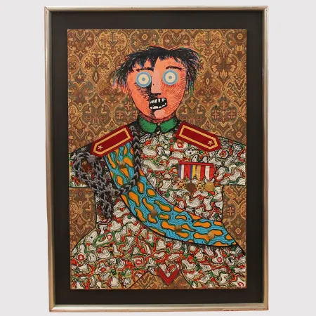 Keine Technische Baj - Enrico Baj ( 1924 – 2003 ) – Le stratége militaire Sahuguet d'Amarzit d'Espagnac – Mixed media with passamentrie and collage on brocade with originals medals and pins - 1971