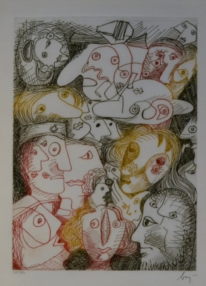 Radierung Baj - Folla all'autodromo