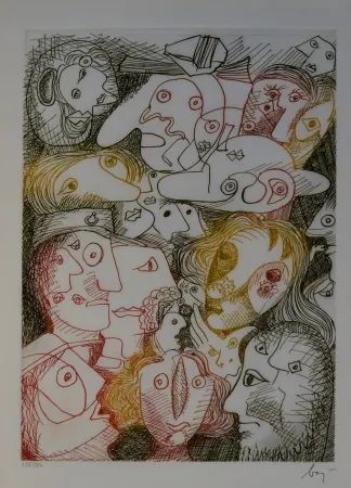 Radierung Baj - Folla all'autodromo