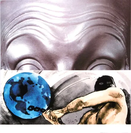 Siebdruck Baldessari - Eyebrows furrowed foreheads figure with globe