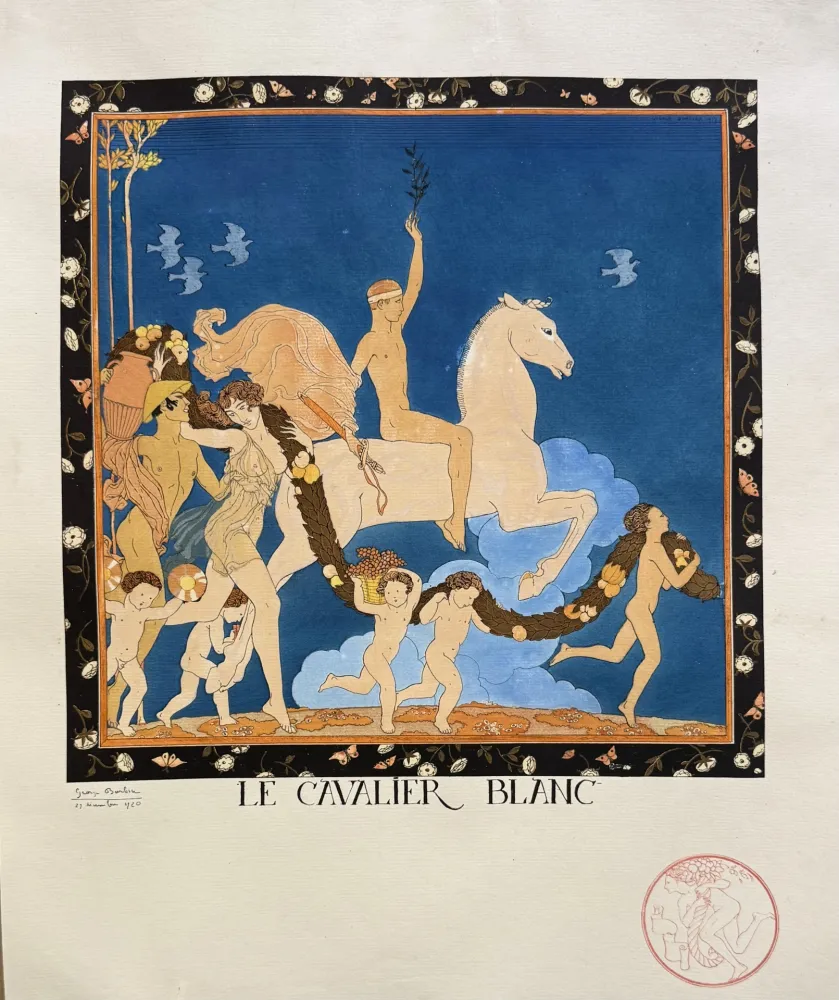 Lithographie Barbier - Le Cavalier Blanc, Signée a la main