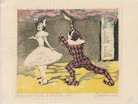 Holzschnitt Baudnik - Harlequin & Columbine
