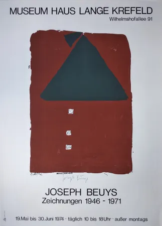 Siebdruck Beuys - „Museum Haus Lange Krefeld. Wilhelmshofallee 91. Joseph Beuys. Zeichnungen 1946-1971. 19. Mai bis 30. Juni 1974 · täglich 10 bis 18 Uhr · ausser montags“.