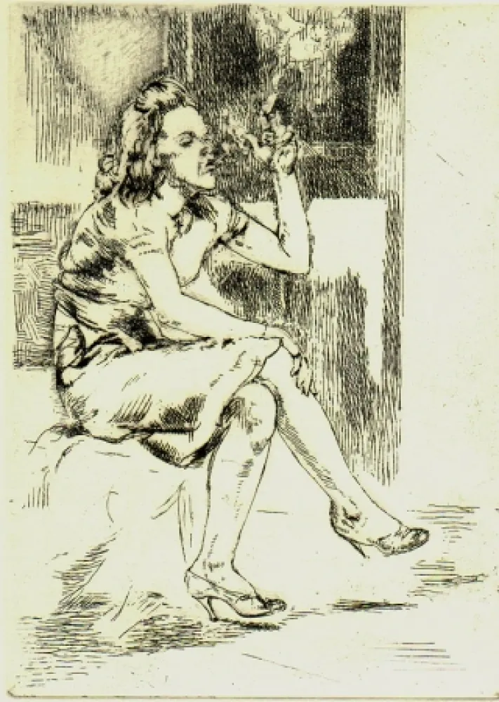 Radierung Bishop - Girl Blowing Smoke Rings