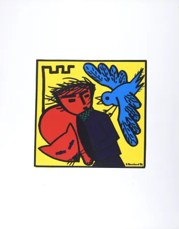 Lithographie Blanchard - Oiseau, personnage et chat