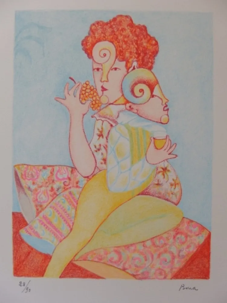 Lithographie Bona - Mangeuse de raisin, buveur de vin