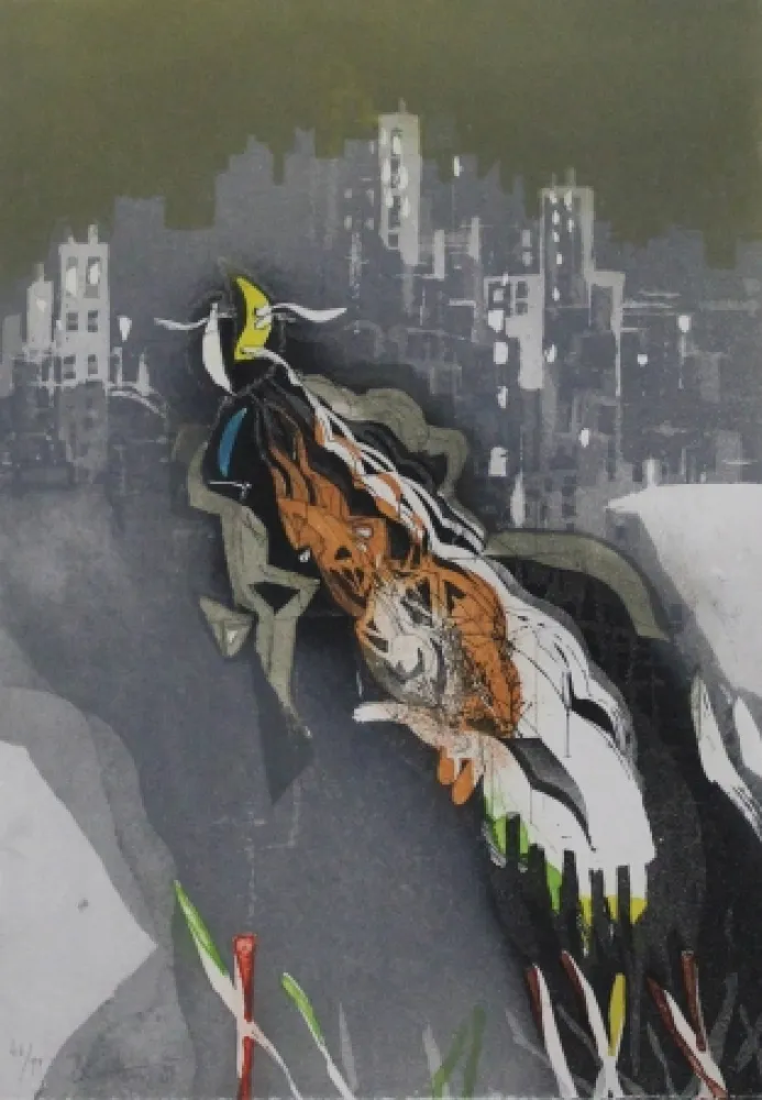 Radierung Und Aquatinta Brandstätter - Stadt mit Mond