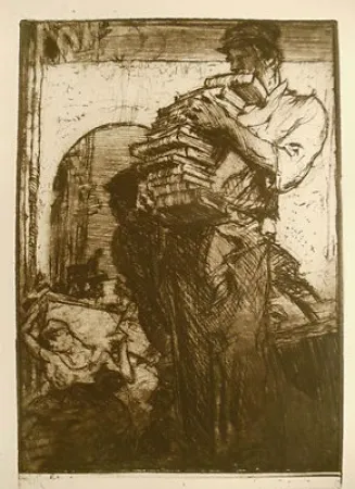 Stich Brangwyn - Man Carrying a Pile of Books