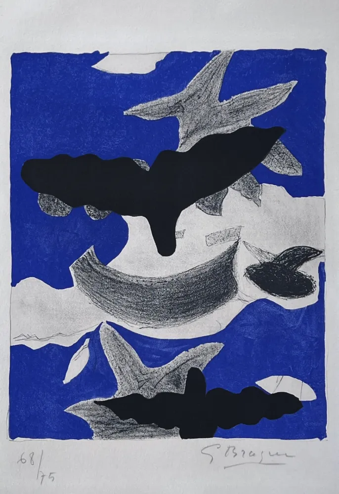 Lithographie Braque - Deux oiseaux avec nuages 