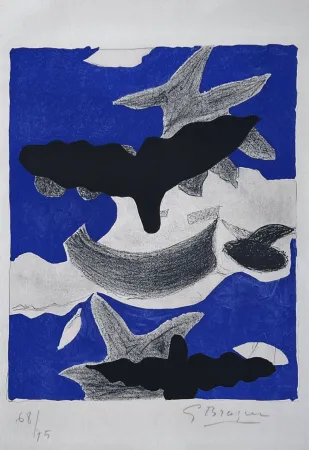 Lithographie Braque - Deux oiseaux avec nuages 