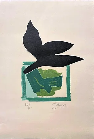 Holzschnitt Braque - Oiseau noir sur fond vert
