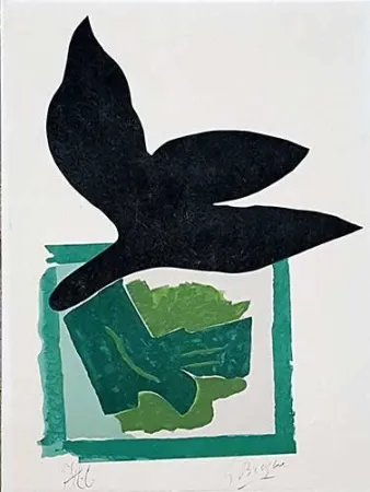 Holzschnitt Braque - Oiseau noir sur fond vert