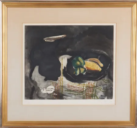 Radierung Und Aquatinta Braque - Pichet noir et citrons 