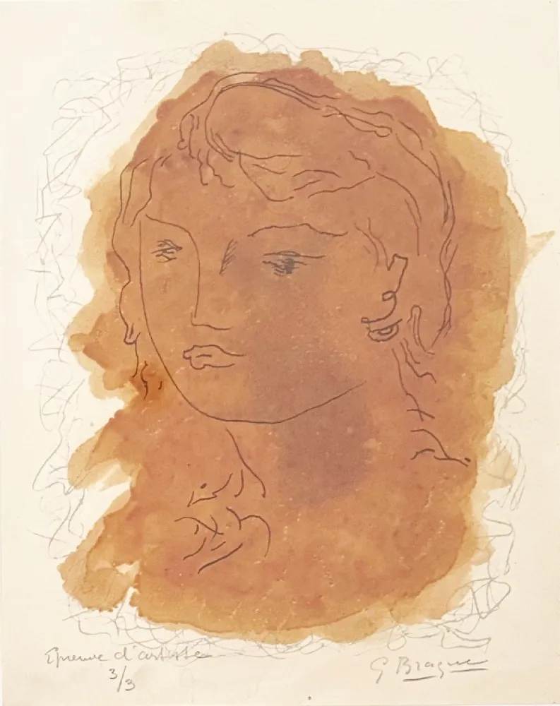 Lithographie Braque - Tête de jeune fille
