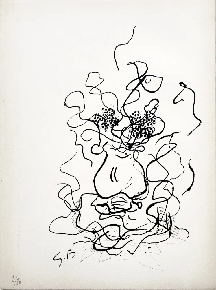 Lithographie Braque - VASE ET FLEURS - Bouquet de fleurs (1952)