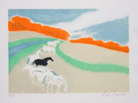 Lithographie Brasilier - Chevaux Dans Le Pre