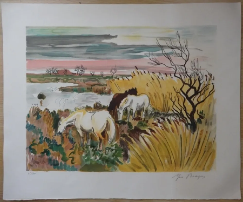 Lithographie Brayer - Chevaux en Camargue