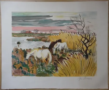 Lithographie Brayer - Chevaux en Camargue