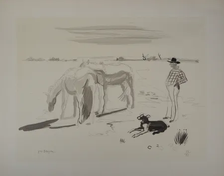 Lithographie Brayer - Chevaux et gardien en Camargue