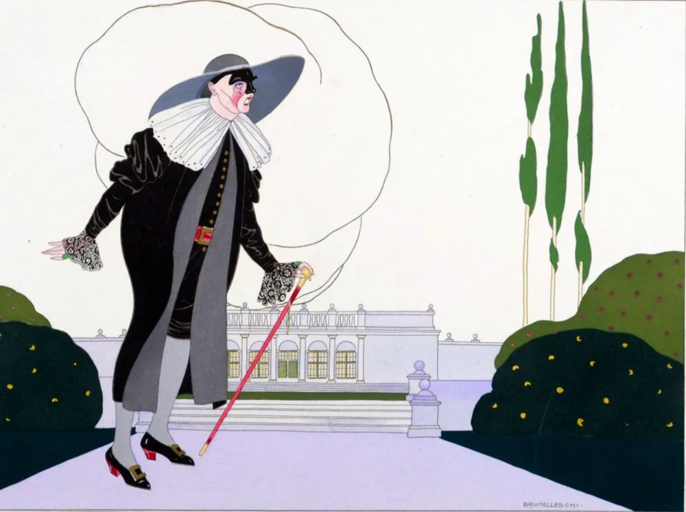 Pochoir Brunelleschi - Le Docteur Ballanzone (de Masques et de la Comédie Italienne - 1914)