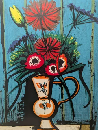 Lithographie Buffet - Bouquet au fond bleu 