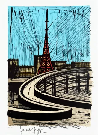 Lithographie Buffet - La tour Eiffel et l'autoroute, Tokyo