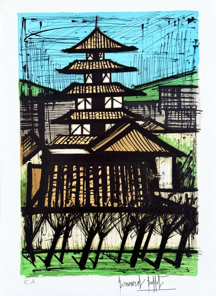 Lithographie Buffet - Temple à Kyoto