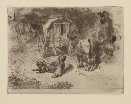 Radierung Und Aquatinta Buhot - Gardiens du logis / Les amis du saltimbanque