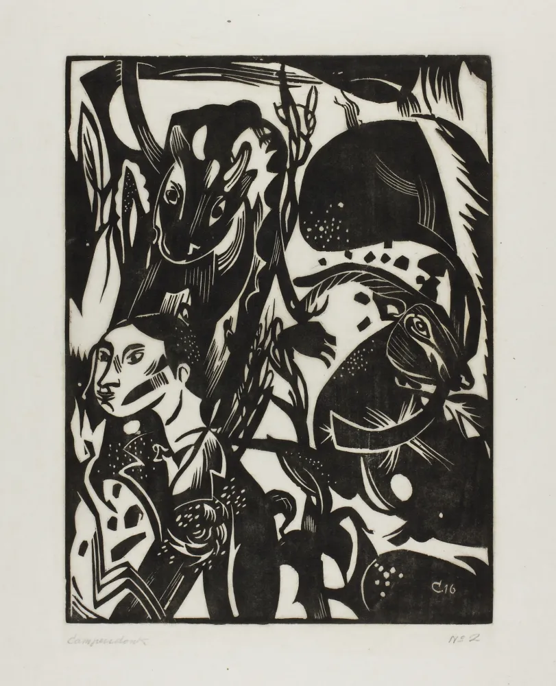 Holzschnitt Campendonk - Männliche Halbfigur mit Kuh und Ziege 