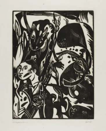 Holzschnitt Campendonk - Männliche Halbfigur mit Kuh und Ziege 