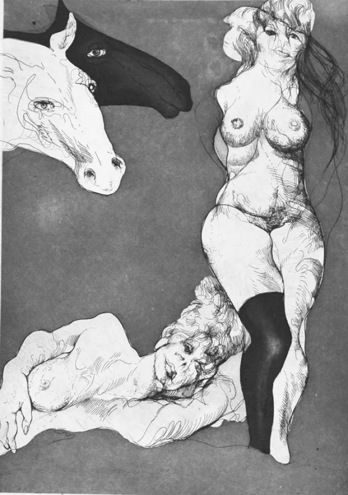 Radierung Carrera - Cavalli curiosi