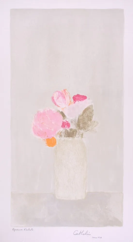 Lithographie Cathelin - Bouquet de roses au fond gris - Bouquet of roses on a grey background