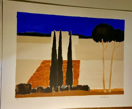 Lithographie Cathelin - Paysage aux cyprès