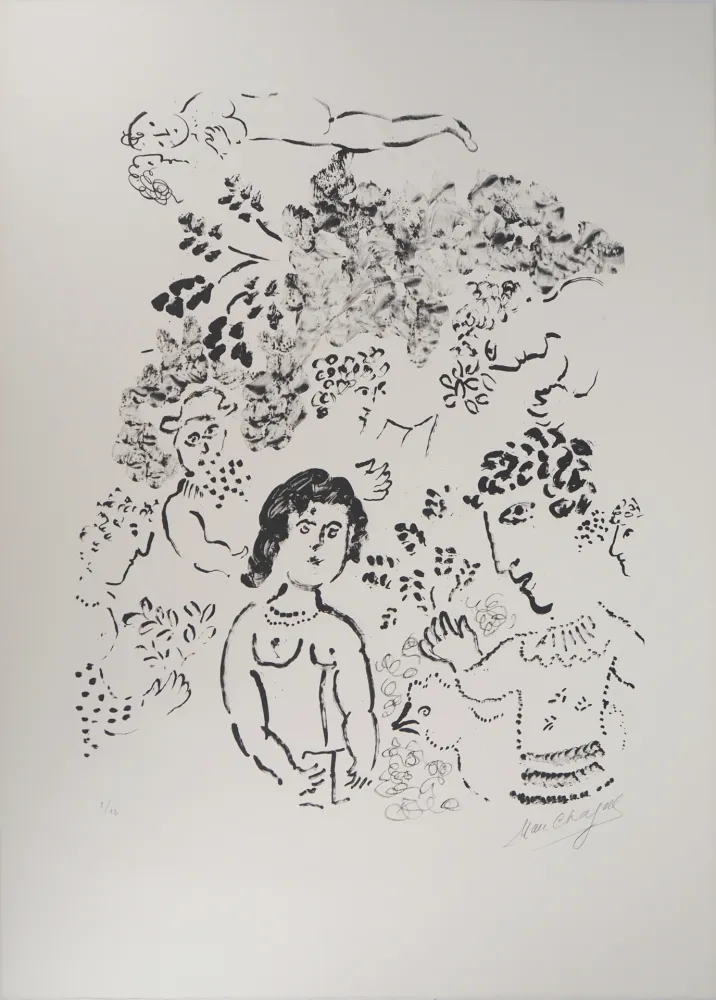 Lithographie Chagall - Amoureux au bouquet et au coq