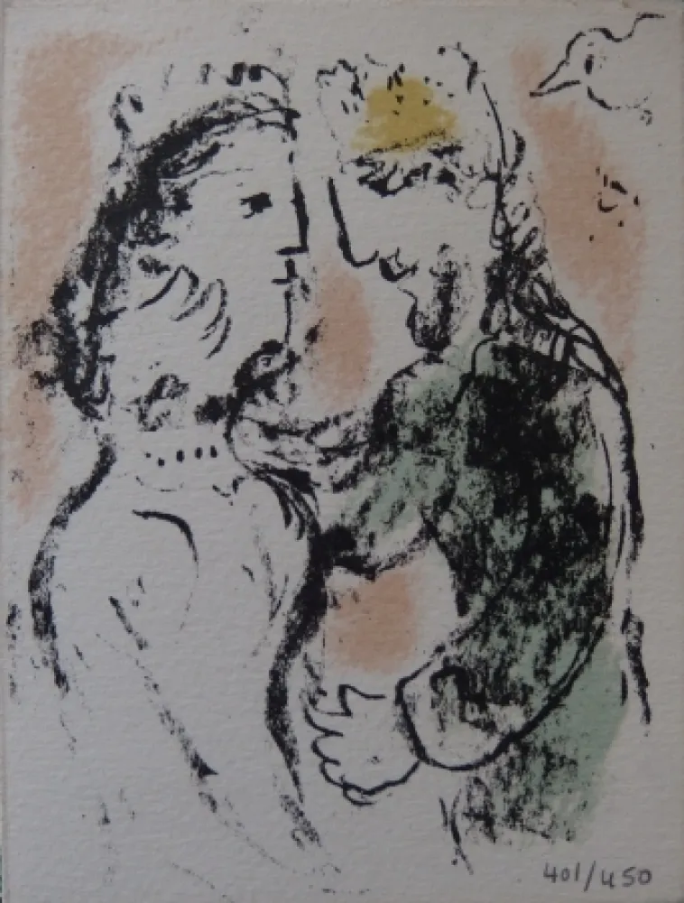 Lithographie Chagall - La tendresse - Carte de voeux 1980