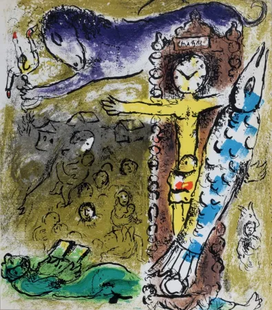 Lithographie Chagall - Le Christ à l'horloge