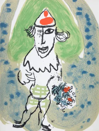 Lithographie Chagall - Le clown vert avec bouquet de fleurs, 1966