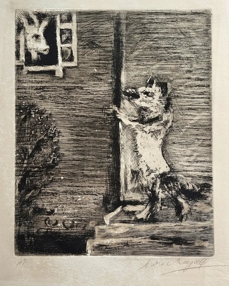 Radierung Chagall - Le Loup, La chevre, et le chevreau, from La Fontaine. Les fables