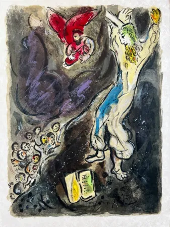 Lithographie Chagall -  Moses wrath waxed hote, and he cast the Tables out of his handes, and brake them in pieces beneath the mountaine